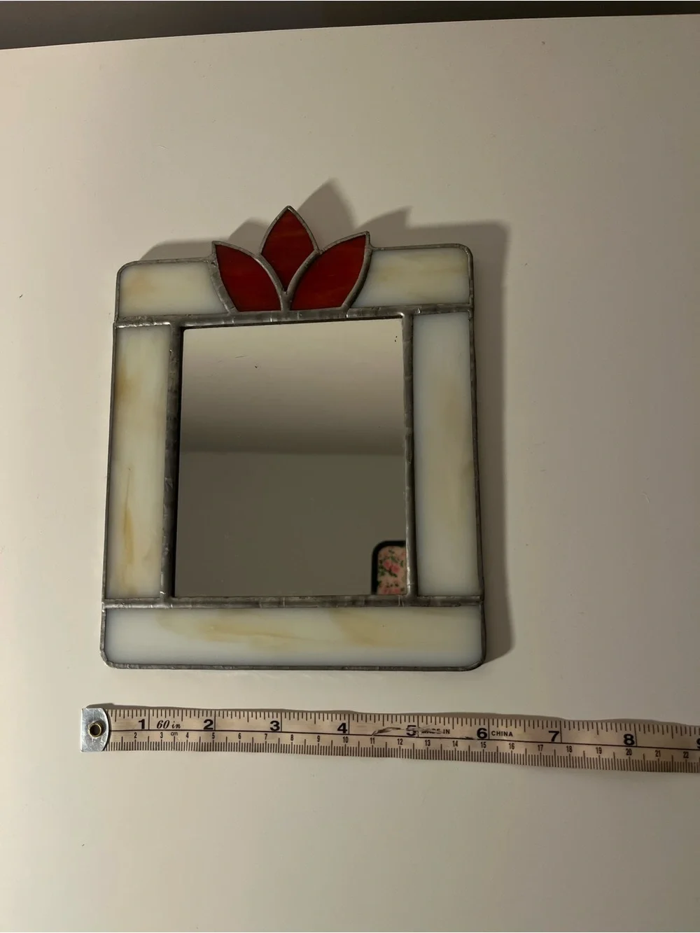 Stained Glass Mirror with Red Floral Accent